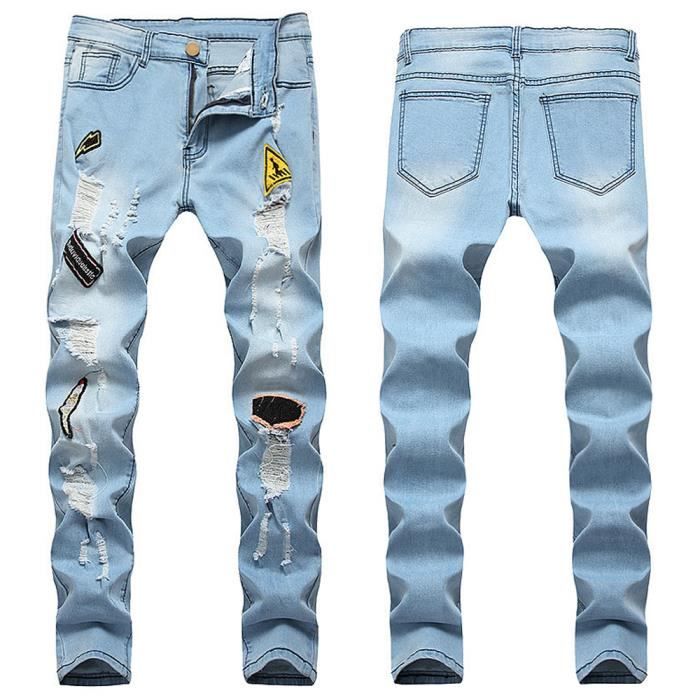 Jeans homme personnalise avec badge et broderie Pantalon denim stretch shreded bleu ciel Jean skinny Bleu Cdiscount Pret a Porter