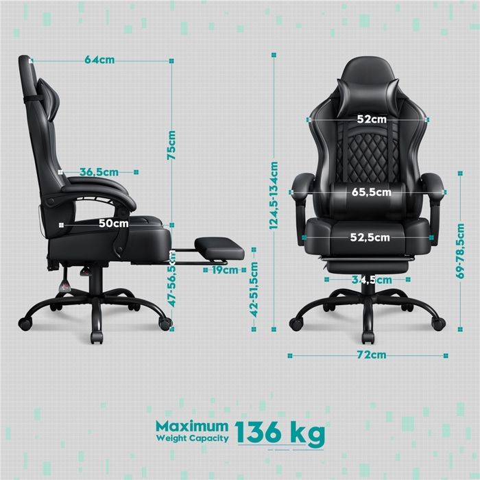 Yaheetech Chaise Gaming Ergonomique Massante avec Repose-Pieds Inclinable Rembourré en Similicuir, Fauteuil de Bureau avec Appui-tête et Support Lombaire Roues Pivotantes Rouge