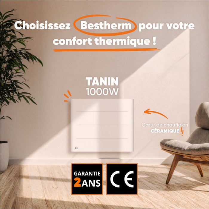 Radiateur électrique fixe à inertie sèche fonte film avec thermostat interchangeable 1000W BESTHERM ALMEA horizontal