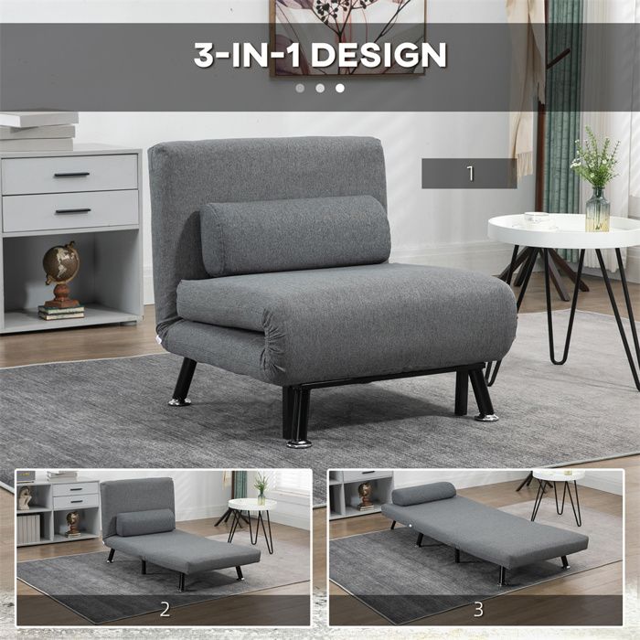 Fauteuil Convertible 3 En 1 Avec Rangement - Canapé-lit Réglable, Ports USB, Porte-gobelet | Gris Foncé