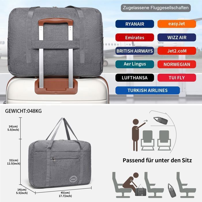 Sac De Voyage Pliable Cabine JSTHHTT Gris 40x30x15 Cm – Bagage à Main Avion Homme/Femme, Léger & Imperméable