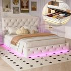 Lit 140x190 cm - NMONET - LED - tissu en lin - cadre de lit adulte 140x190 cm - beige