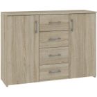 HUCOCO ELTON | Commode Buffet moderne salon séjour chambre | 110x80x35 cm 4 tiroirs 2 portes | Meuble de rangement Enfilade | Sonoma