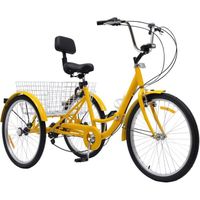 Tricycle 24 pouces 7 vitesses pour adulte vélo pliant jaune 3 roues avec panier, support pour tasse d'eau, phare