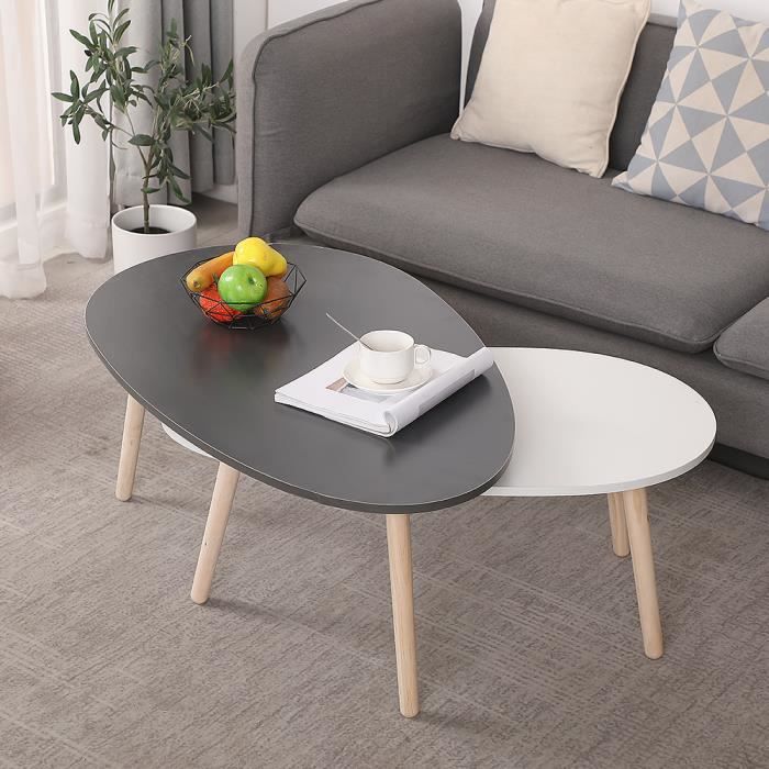 KEKE-LOT DE 2 TABLES BASSES,3 PIEDS EN BOIS, STYLE SCANDINAVE, GRAND GRIS FONCÉ PETIT BLANC,98*60*40 88*48*34cm