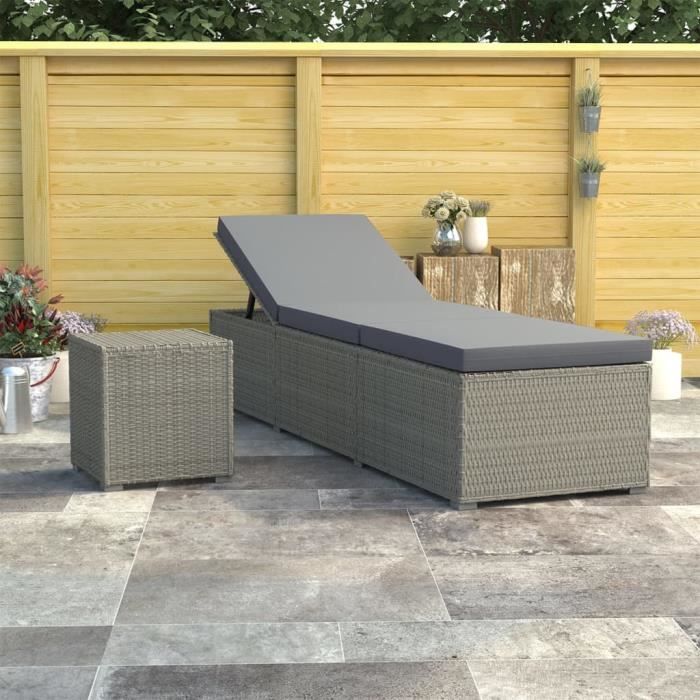 AIZ Chaise longue avec coussin et table à thé Résine tressée Gris