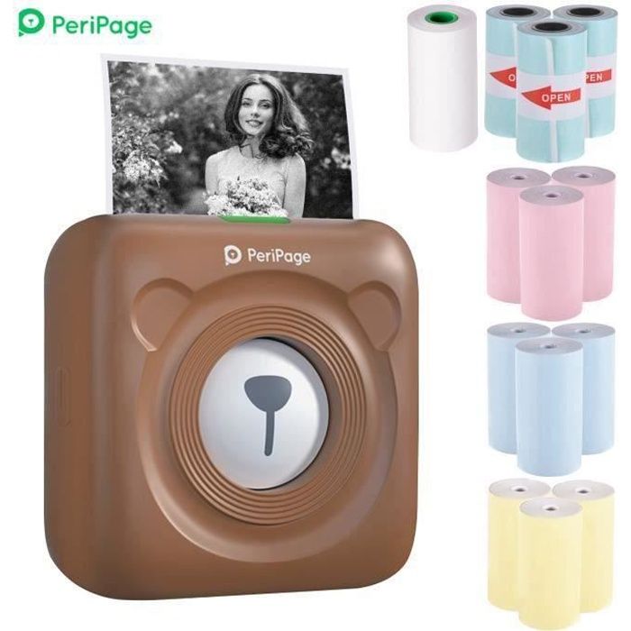 PeriPage Mini Pocket Imprimante thermique BT Imprimante de papier de ticket de mémo d'étiquette d'image+12 rouleaux de papier _Marro