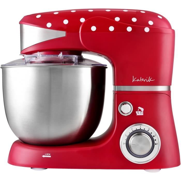 KALORIK TKG M 3014 - Robot pâtissier - 1000W - Bol acier inoxydable 5L - 6 vitesses - Rouge à pois blanc