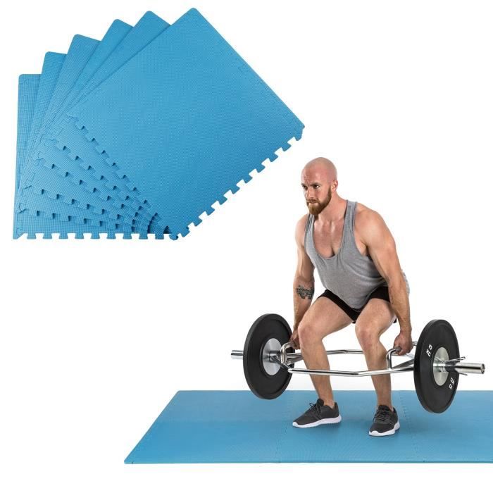 Klarfit Puzzta Set de 6 tapis de sol antidérapants en mousse EVA 12 bordures MemorySafe - Pour gym , yoga ou musculation - Bleu