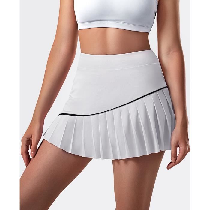 Jupe de tennis plissée pour femme avec poches jupe de golf avec short taille haute décontractée jupe d'entraînement de cours - Blanc
