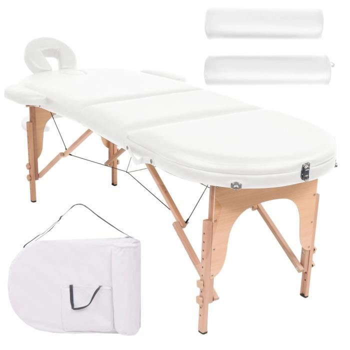Table de massage pliable 10cm d'épaisseur et 2 traversins Blanc