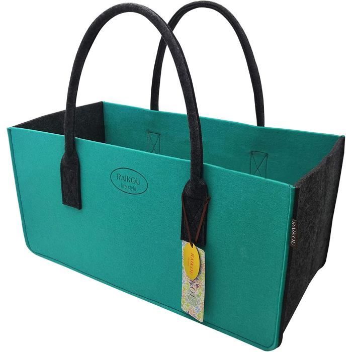 RAIKOU Sac en Feutre,Cabas Courses,Panier Plage Pique-Nique,Sac bûches,Sac bois,Panier Linge,Rangement Jardin,Vert/Noir,50x34x27cm