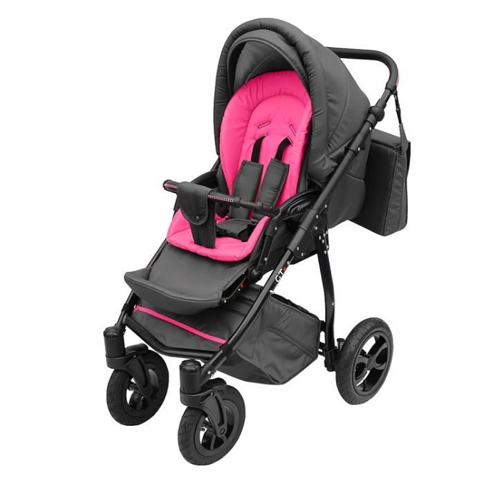 Poussette avec look sportif + accessoires & cadre en aluminium et roues gonflables bébé enfant GTr - Rose.