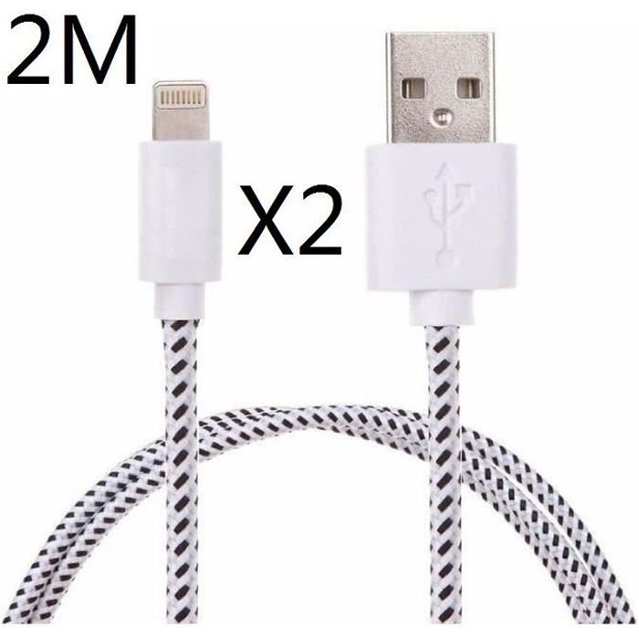 YSFMODE® Lot de 2x BLANC 2M câble Usb pour iPhone tissu tressé Sync Cable chargeur secteur pour iPhone 5-5s 6 6s plus