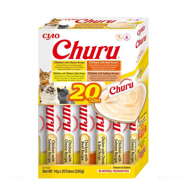 INABA Churu Friandises Pour Chats - 80 Tubes De 14g - Riche En Humidité, Sans Céréales Ni Sucre - Saveurs Poulet, Thon, Etc.