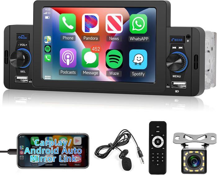 Autoradio 1 DIN Avec CarPlay/Android Auto Sans Fil – Écran Tactile 6,86", Caméra Recul