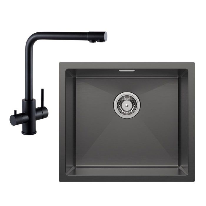 50x44cm EVIER DE CUISINE sous plan inox noir anthracite+mitigeur purificateur deau