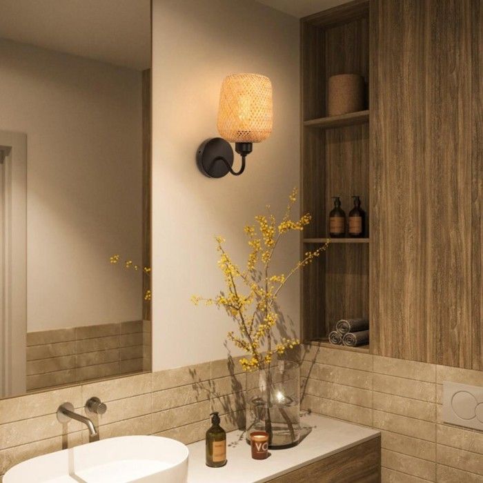 WOTTES 1pcs Applique Murale Intérieur Vintage Lampe Murale en Bambou et Métal E27 Rétro Cage Applique en Rotin pour Couloir