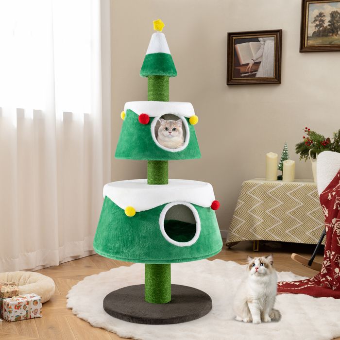 Comparer les prix de Arbre à Chat de Noël 153 cm COSTWAY 2 Condos Poteaux à Gratter en Sisal Lits Amovibles Décoration de Fête et Tour pour Chat