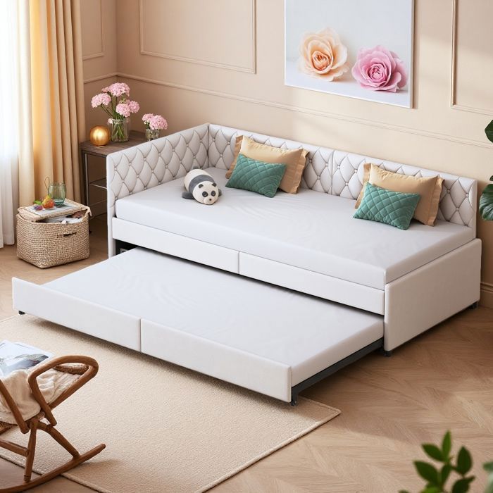 Canapé Lit Extensible 2 Places - 90-180x200cm Couchage Double - Velours Beige - Gain de Place - Idéal Studio - Confort Moelleux