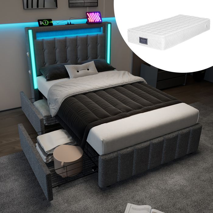 Lit rembourré - Gris - 90x200cm - USB Type C - LED - 2 tiroirs - Matelas inclus