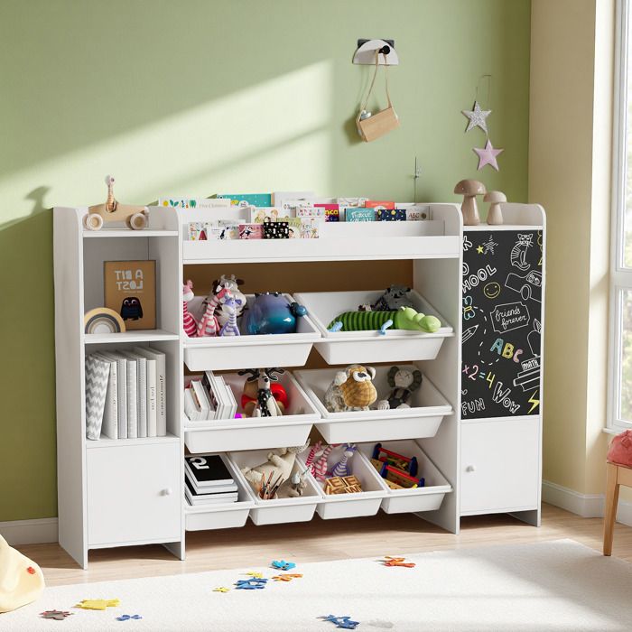 Bibliothèque sur 4 Niveaux Étagère de Rangement Enfant  Meuble Rangement en bois avec portes pour jouets et livres