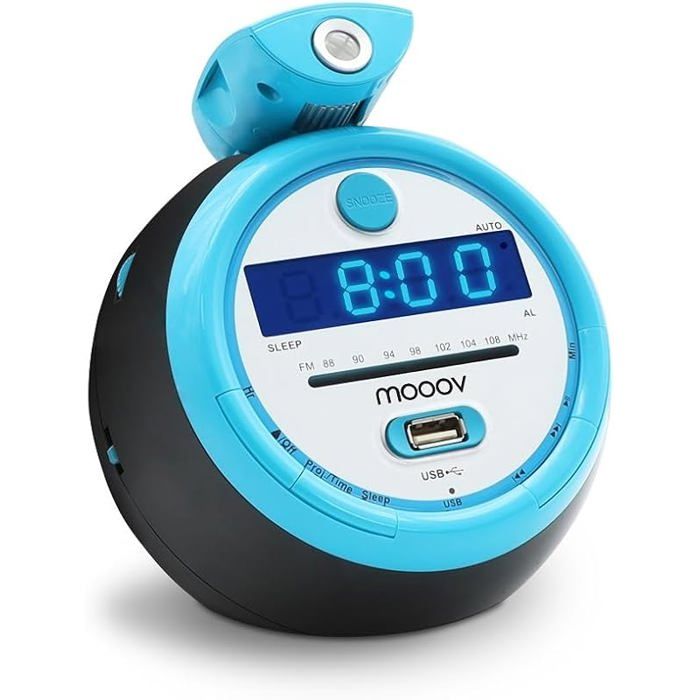 Réveil Projecteur Bleu 180° Avec Double Alarme - Horloge Plafond LED 7'' USB Pour Enfants Et Gros Dormeurs
