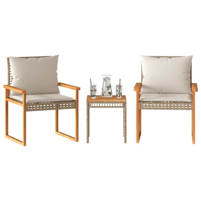“RabaisEnsemble de bistro et coussins 3 pcs - Table de salon salle à manger + 2 Chaises de jardin - mélange beige rotin acacia SOLO