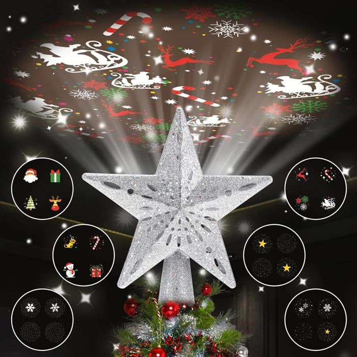 Étoile De Noël Lumineuse Avec Projecteur LED - 6 Motifs Rotatifs 3D, Décoration De Sapin, Pour Plafond, Fêtes - 12