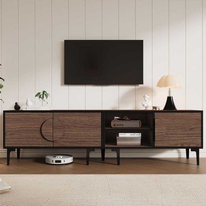 Meuble TV - 3 portes - 2 étagères ouvertes - 180x35x49 cm - Couleur noyer