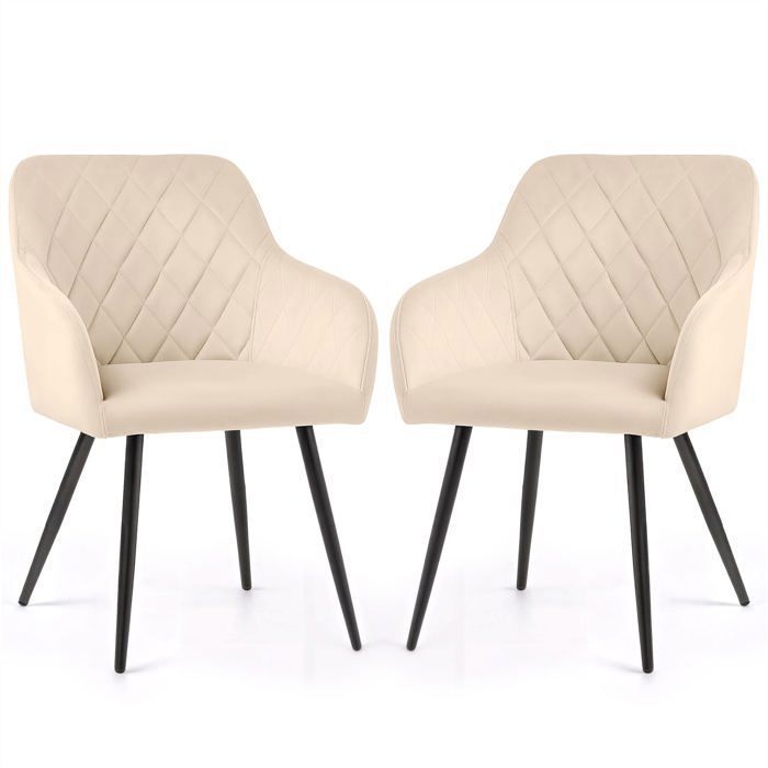 Lot de 2 Chaises en velours matelassées en losanges VELTO Beige pieds noirs Lot de 2 Chaises en velours matelassées en losanges VELTO Beige pieds noirs