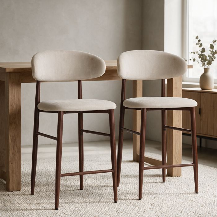 Lot de 2 tabourets de bar beige et métal effet bois foncé SIMON Lot de 2 tabourets de bar beige et métal effet bois foncé SIMON