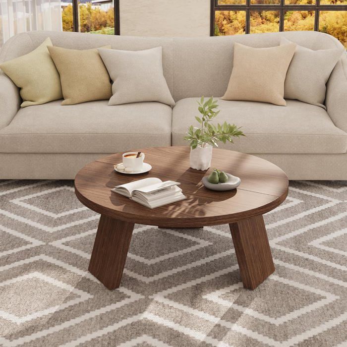 Table basse ronde - LUNSY - 85x85x40 cm - Marron - Plateau en panneaux de particules - Supporte jusquà 90 kg