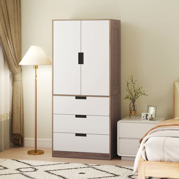 Cocosity Armoire 2 Portes Armoire Moderne Avec 3 Tiroirs Et Tringle De Suspension Pour Chambre À Coucher Marron