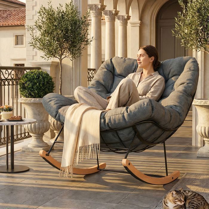 FlexiSpot Fauteuil à bascule de jardin Extérieur Coussin épais rembourré Coussin Respirant imperméable Anti-décoloration Gris