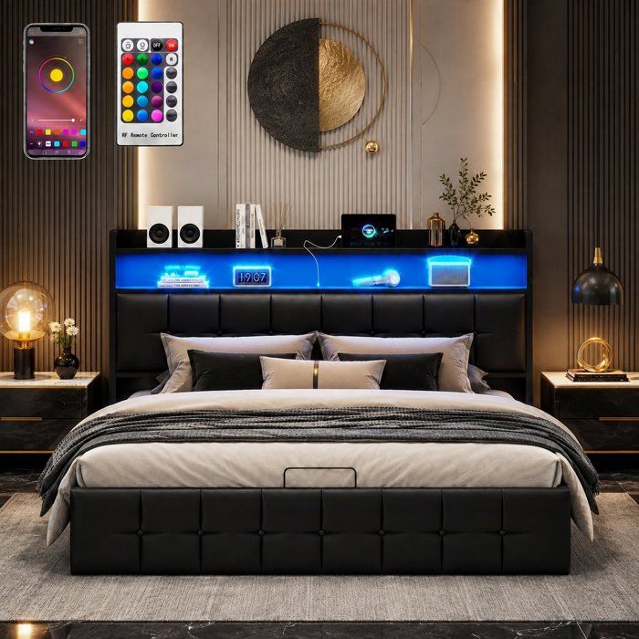 Lit double 140x190 cm -UTTQEW -LED et Port USB -lit 2 Personnes avec Rangement-Hydraulique-Sommier à Lattes - PU Noir