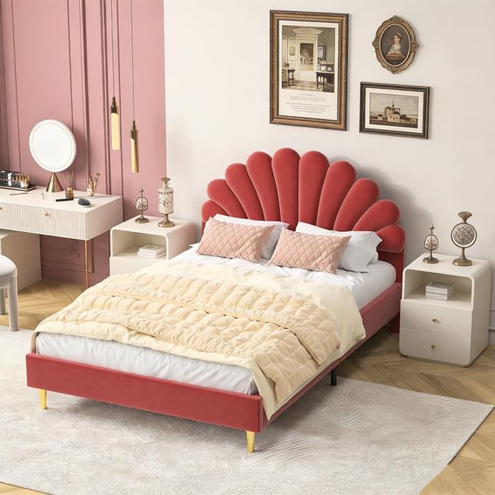 Lit Double 140x200 Tête de Lit en Forme de Fleur Lit Rembourré pour Adolescente Cadre de Lit avec Sommier à Lattes Velours Rouge