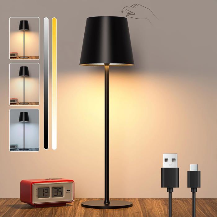 Lampe de Bureau Extérieure Rechargeable 5600mAh - Dimmable Sans Fil Tactile IP44 - USB-C 5W pour Terrasse/Restaurant Noir