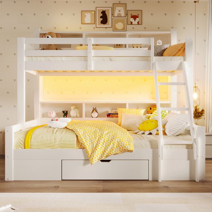 Lit superposé avec échelle barrières de sécurité rangements ouverts tiroirs et bandeau lumineux LED blanc