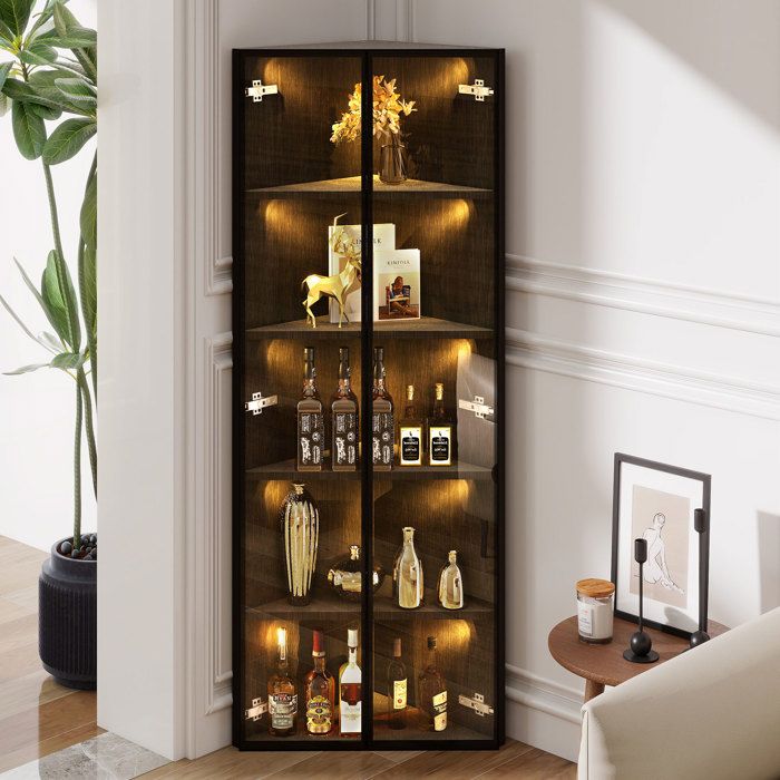 Vitrine d’angle LED 62x35x160 cm en verre trempé avec portes éclairage intégré meuble de présentation MDF noir
