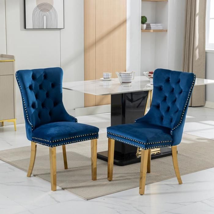 Chaise de salle à manger - KOMHTOM - Dossier haut - Lot de 2 - Velours bleu - Bois massif Chaise de salle à manger - KOMHTOM - Dossier haut - Lot de 2 - Velours bleu - Bois massif