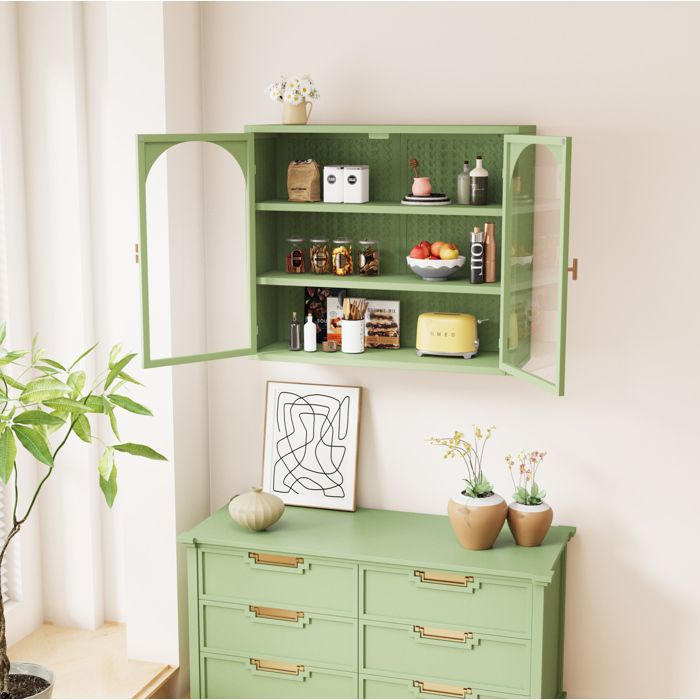 Vitrine Murale 2 Portes en Verre 3 Niveaux et Étagère Amovible Métal Vert pour Entrée 70×23×60 cm - UVRION