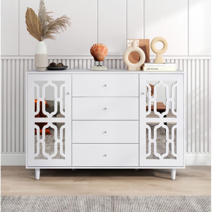 Buffet Bas VIVRYN Buffet blanc miroir poignées en cristal 2 portes 4 tiroirs 1475 x 40 x 102 cm