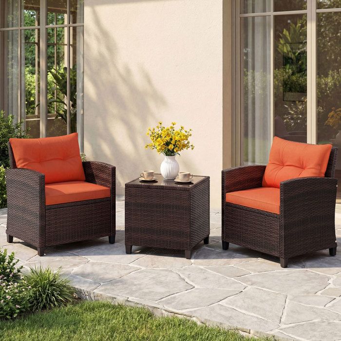 Ensemble Table et Chaises de Jardin 3 Pièces COSTWAY Chaises en Rotin PE Plateau en Verre Trempé Coussins Amovibles Orange