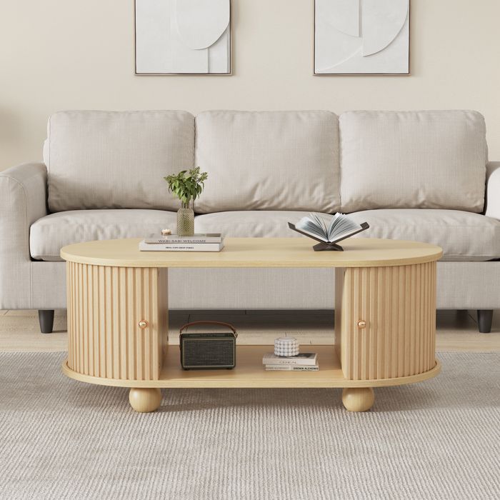 Table basse ovale avec rangement - Bois - MDF écologique - 100x50x40 cm - 16.5 kg - Portes coulissantes