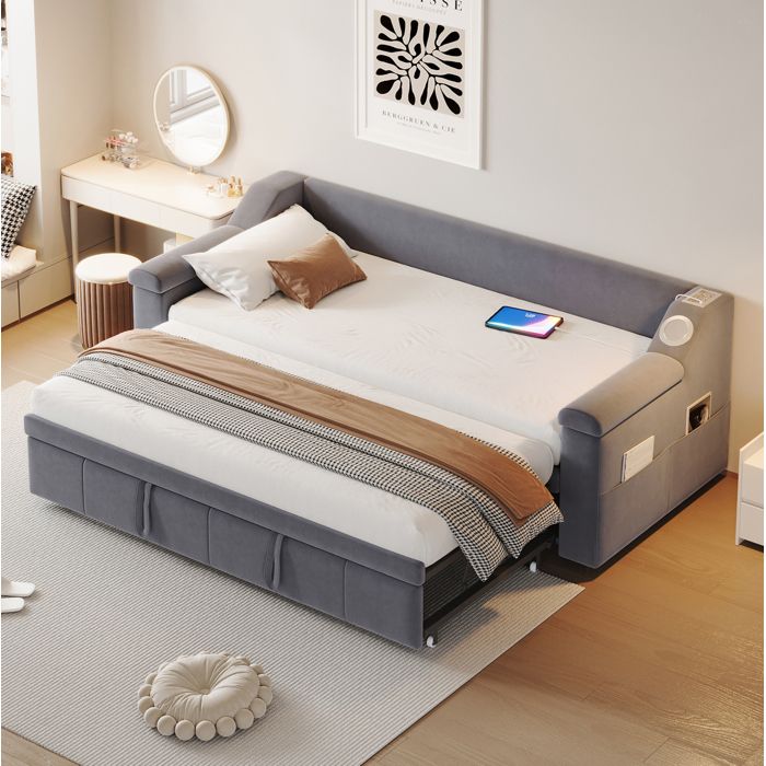 Modenuit canapé-lit convertible 90x190/180x190 cm avec Bluetooth USB rangements et sommier à lattes gris