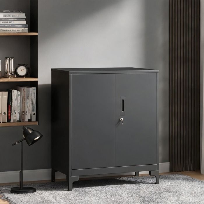 Meuble de rangement bas à deux niveaux portes verrouillables métal noir élégant 80 x 35 x 91 cm