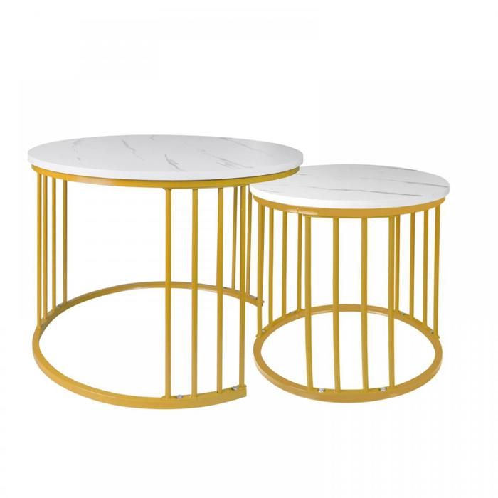 KEDIA Lot de 2 tables basses gigognes Table Basses Rondes en MDF avec Structure en métal Marbre blanc + pied doré