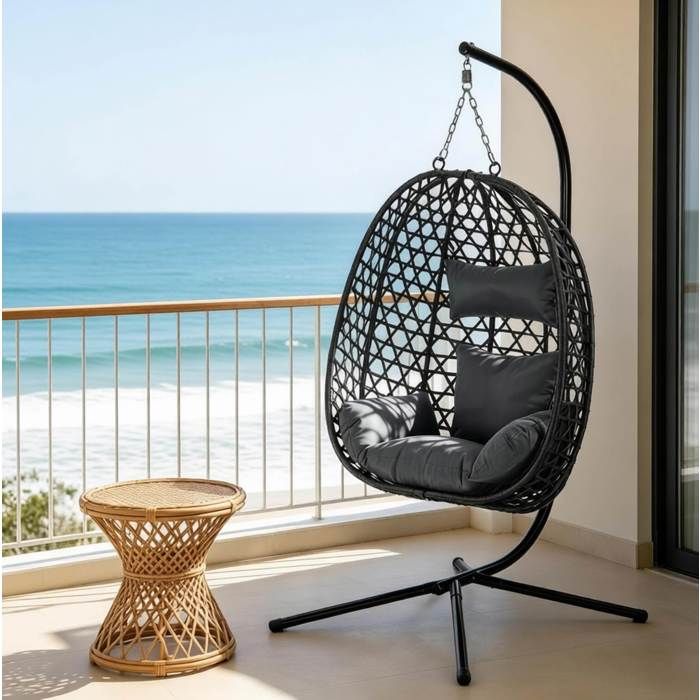 WOVREO fauteuil suspendu oeuf avec support 105 x 105 x 195 cm hauteur reglable rotin PE metal gris fonce