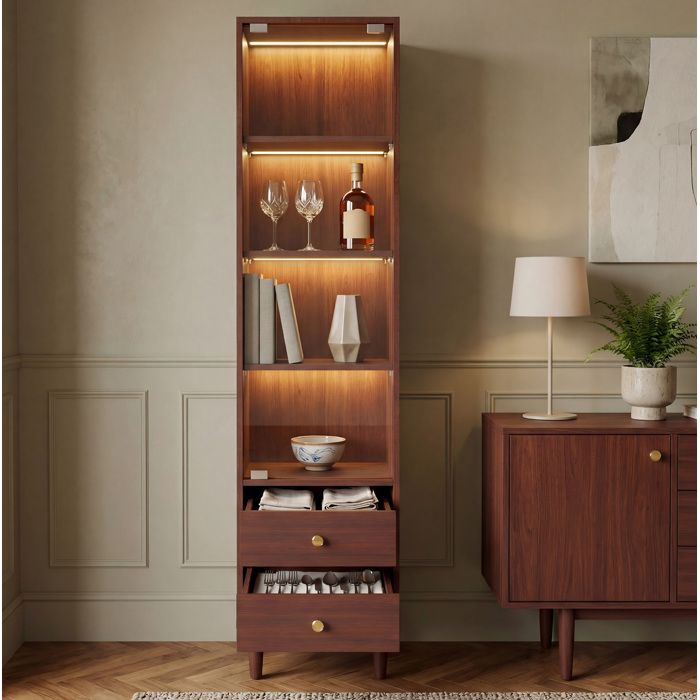 Modenuit vitrine haute 40 x 35 x 165 cm avec LED integree porte en verre 2 tiroirs MDF et verre marron
